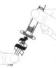 A hand holding a syringe while a curved arrow indicates rotational movement to unscrew or screw the upper component