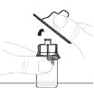 A hand removing the protective cap from a medicine vial while the