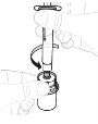 Two hands rotating a cylindrical medical device with a curved arrow indicating downward rotational movement