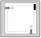 Diagramma con forbici e linee tratteggiate che indicano i punti di taglio su un foglio bianco con bordi grigi e una banda nera in alto a destra