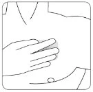 Disegno lineare del busto di una persona con una mano appoggiata sul petto e un piccolo cerchio posizionato sul torace