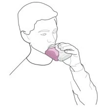 Line drawing of a man drinking from a pink glass held in the right hand near the mouth