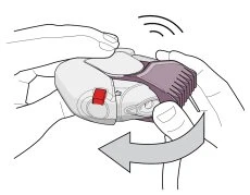 Due mani tengono un dispositivo medico bianco e viola mentre una freccia grigia indica un movimento di rotazione orizzontale