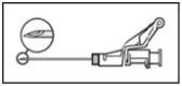 Disegno tecnico in bianco e nero che mostra un dettaglio ingrandito della punta di un ago collegato a un dispositivo medico a leva