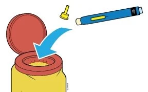 Illustrazione di una penna iniettiva blu che viene inserita in un contenitore cilindrico giallo con bordo rosso tramite una freccia azzurra
