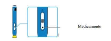 Diagramma di una penna iniettiva blu con un ingrandimento che mostra la finestra trasparente dove è visibile il farmaco indicato dalla scritta Medicamento