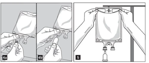 Tre illustrazioni mostrano mani che aprono un sacchetto per infusione e inseriscono una fiala tramite un connettore per la preparazione del farmaco