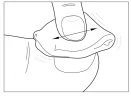 Disegno tecnico che mostra un pollice che preme e massaggia una piega di pelle tra due dita con frecce che indicano il movimento laterale