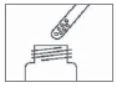Disegno tecnico in bianco e nero che mostra un flacone di vetro con collo rigato e un dispositivo medico con piccoli fori puntato verso l'apertura