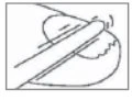 Black-and-white schematic drawing showing a medical device applied to a curved surface or body part with motion lines