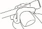 Black line drawing showing a hand gripping and rotating a pen-shaped or syringe-like medical device for