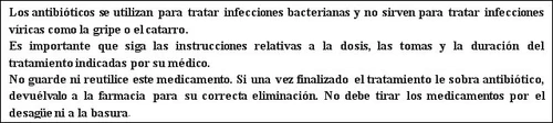 Testo in spagnolo sull'uso di antibiotici per infezioni batteriche, istruzioni sul dosaggio medico e sullo smaltimento corretto in farmacia senza utilizzare scarichi o rifiuti domestici