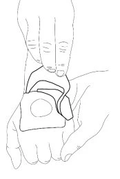 Line drawing of two hands carefully opening a plastic pouch or container to remove the inner contents