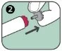 Una mano impugna un dispositivo medico grigio per applicarlo sulla punta rossa di un cilindro bianco seguendo la direzione di una freccia nera