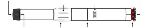 Technical diagram of an injection pen with black arrows indicating the different parts of the cylindrical device and the terminal red ring