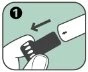 A hand grasping the dark part of a medical device while an arrow indicates the movement of insertion or sliding to the left