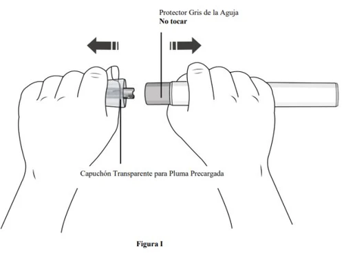 Disegno tecnico che mostra due mani che separano il cappuccio trasparente dal protettore grigio della penna