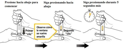 Tre disegni sequenziali mostrano mani che premono un autoiniettore sulla gamba con indicazioni su clic, finestra gialla e cronometro per 5 secondi