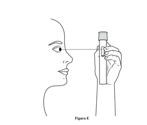 Disegno lineare di un profilo umano che guarda attraverso un dispositivo cilindrico tenuto verticalmente con una mano per un esame oculare