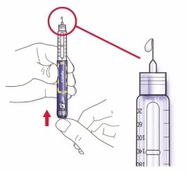 Disegno tecnico che mostra una mano che impugna una penna iniettore con una freccia rossa verso l'alto