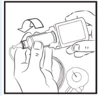 Line drawing of two hands holding an injection pen to manipulate the device with an arrow indicating a downward rotational movement