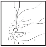Line drawing of two hands washing under a water stream