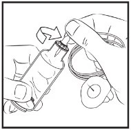 Two hands rotating and removing a protective cap from a drug vial following the direction indicated by a curved arrow
