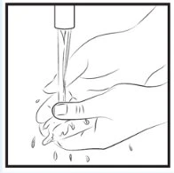 Black line drawing showing two hands washing under a water stream