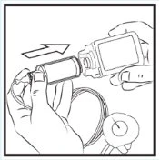 Two hands inserting a cylindrical container into a medical device with an arrow indicating the movement to the right