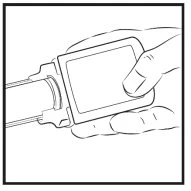 Black line drawing of a hand holding and operating a rectangular medical device connected to a cylindrical tube