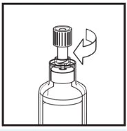 Technical drawing of a hand rotating the upper cap of a vial to the left, indicated by a curved arrow