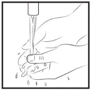 Black line drawing showing two hands washing under a water stream