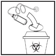 Schematic drawing of a small vial being discarded into a biohazard waste container marked with the biohazard symbol
