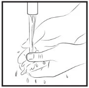 Black line drawing showing two hands under a faucet while the