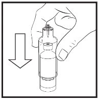 One hand holds a medicine vial and a downward arrow indicates the downward pressing movement