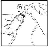 Two hands rotating the cap of a drug vial to open it, following the direction indicated by a curved arrow