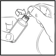 Two hands holding and rotating the top cap of a glass vial, with an arrow indicating the rotational movement to unscrew or screw the cap