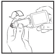 Two hands holding and rotating a cylindrical medical device downward with a
