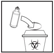 Schematic drawing of an empty vial being discarded into a biohazard waste container marked with the biohazard symbol