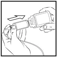 Two hands rotating a cylindrical container to the right to attach it to a rectangular device, with an arrow indicating the movement