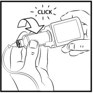 Two hands holding a medical device while a curved arrow indicates a downward rotational movement accompanied by the word CLICK