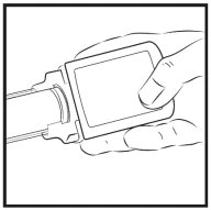 One hand holds and operates a rectangular medical device connected to a cylindrical tube for the