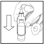 One hand holds a vial inserted into a device with a flexible tube, and a downward arrow indicates the pressing motion