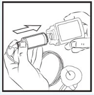 Two hands inserting a cylindrical vial into a medical device with an arrow indicating the insertion movement to the right