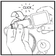 Two hands gripping a medical device with an arrow indicating a downward rotational movement accompanied by the word CLICK