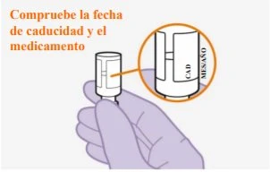 Una mano tiene un flacone medico con un ingrandimento che mostra la sezione della data di scadenza con la scritta CAD MES/AÑO