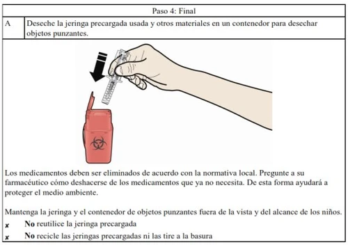 A hand disposes of a used pre-filled syringe into a red sharps container labeled with the biohazard symbol