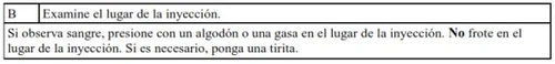 Table with Spanish text instructing on the