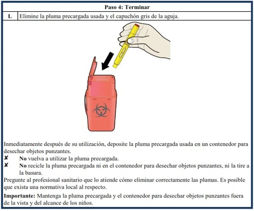 Una mano getta una penna precaricata gialla in un contenitore rosso per oggetti taglienti con simbolo di rischio biologico nero