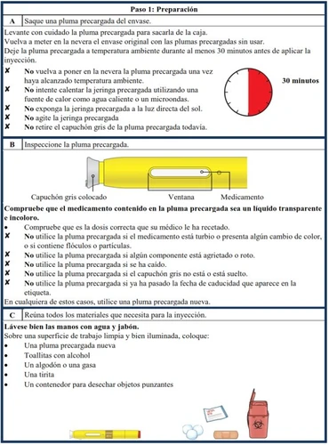 Instruction leaflet with Spanish text, prohibition symbols, a clock indicating 30 minutes, a pen diagram, and materials for injection